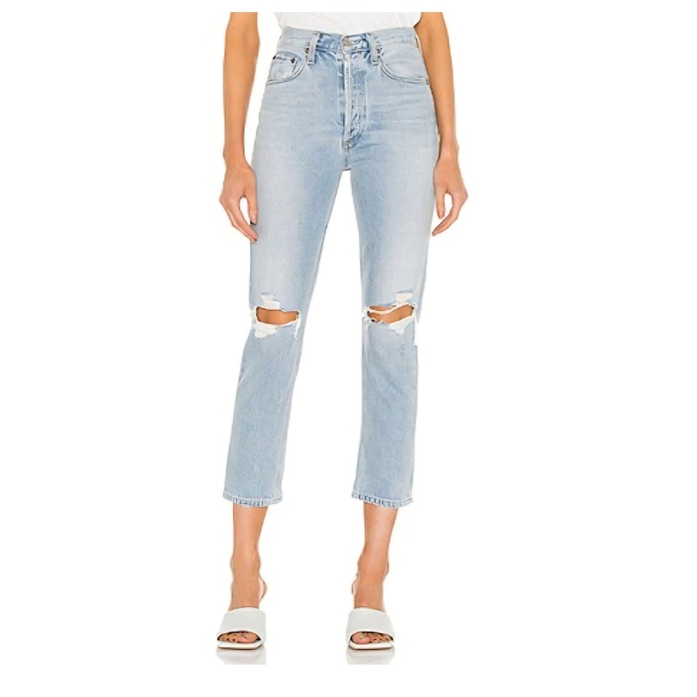 AGOLDE Riley High Rise Straight Crop Jeans Women's Size 27 Light Wash Distressed